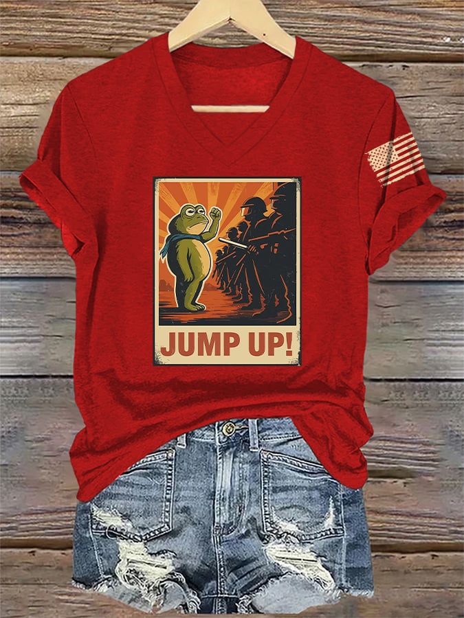 V-Neck Retro Frog Jump Up! Print T-Shirt