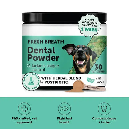 Breath Freshener and Teeth Cleaning Dental Care for Dogs, Plaque Tartar Remover with Natural, Clinically Studied Postbiotic - 30 Scoops