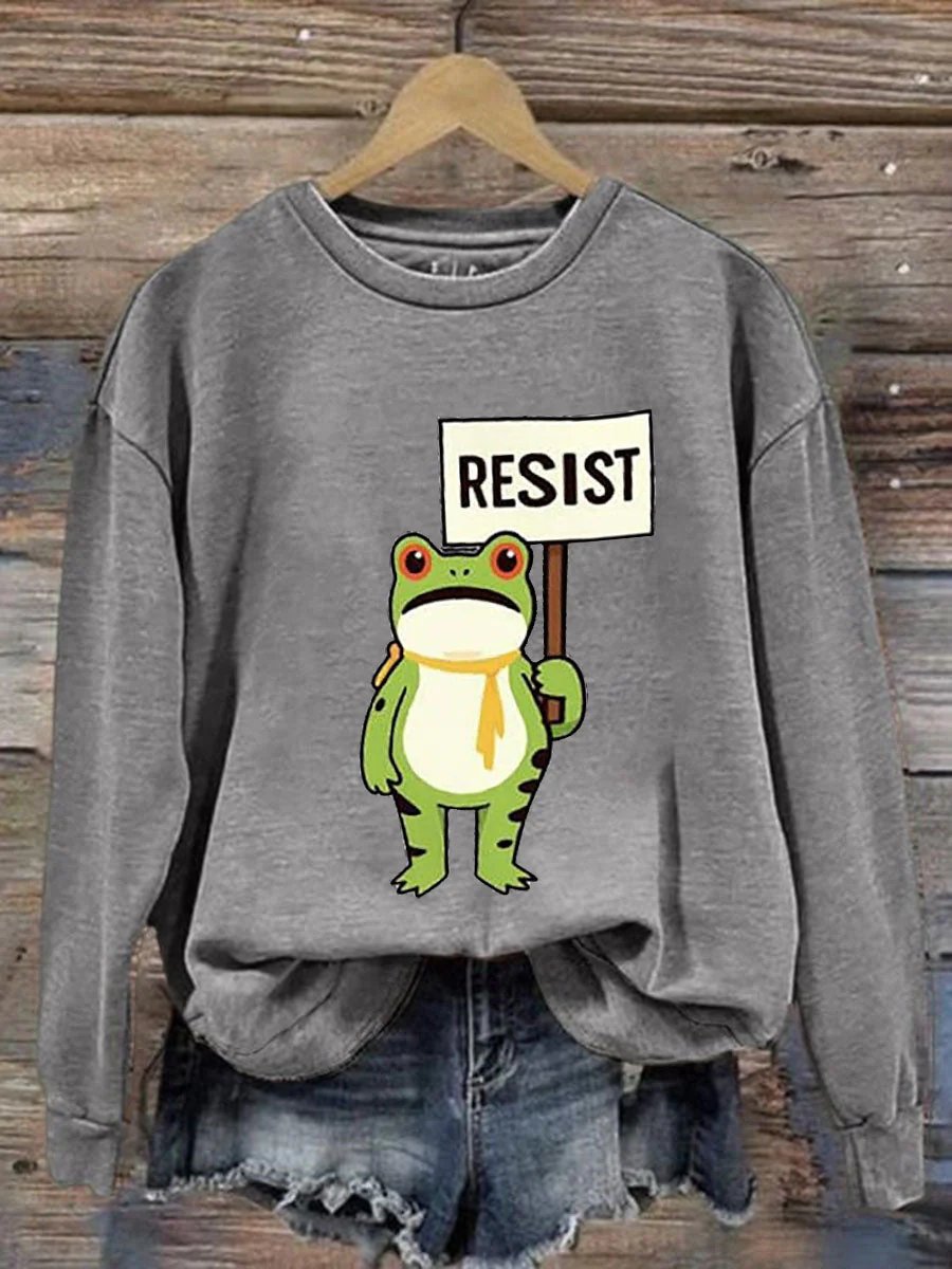 Women's Retro Resist Frog Printed Round Neck Sweatshirt