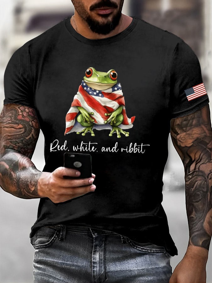 Men'S Red, White and Ribbit Frog Print T-Shirt