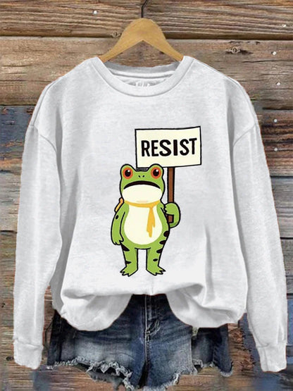 Women's Retro Resist Frog Printed Round Neck Sweatshirt
