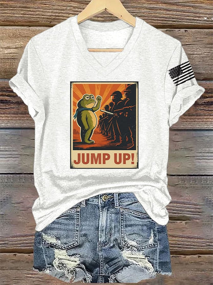 V-Neck Retro  Frog  Jump Up! Print T-Shirt