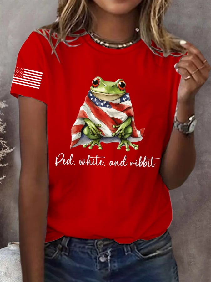 Women's Retro Red, White and Ribbit Frog FDT Print T-Shirt