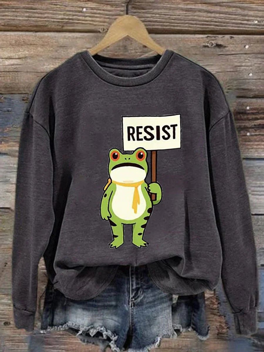 Women's Retro Resist Frog Printed Round Neck Sweatshirt