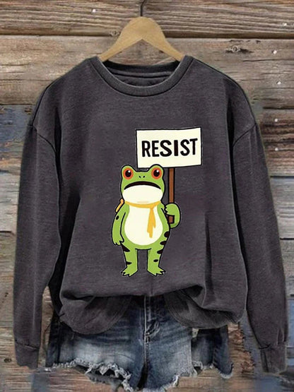 Women's Retro Resist Frog Printed Round Neck Sweatshirt
