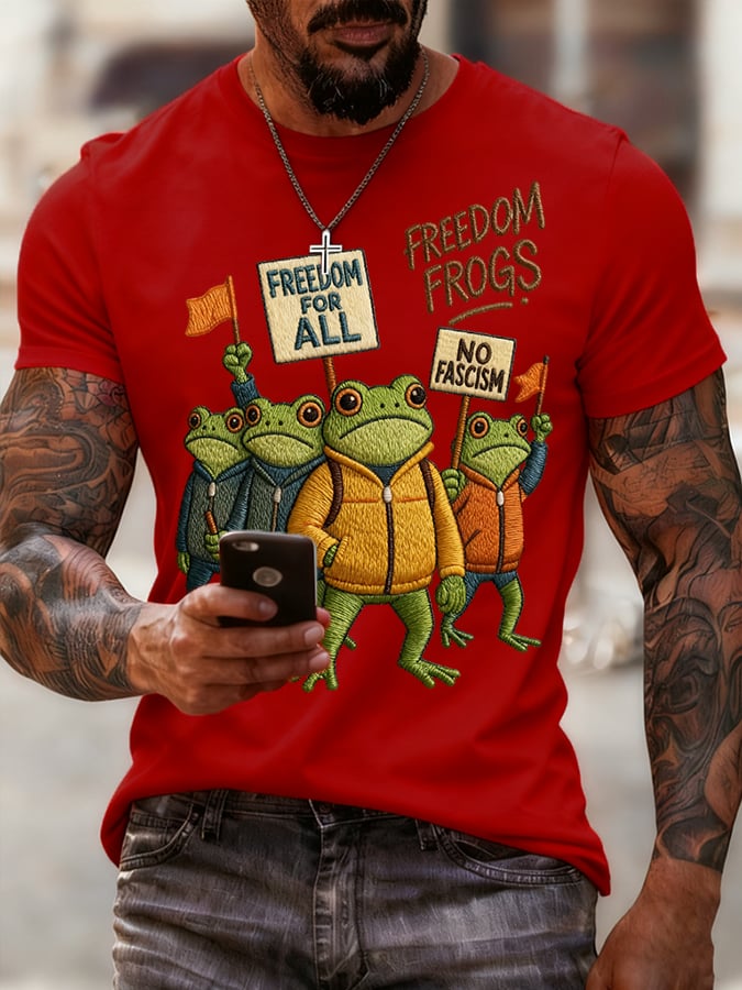 Men's Freedom for All, Freedom Frog, Against Fascism Vintage Graphic Print T-Shirt