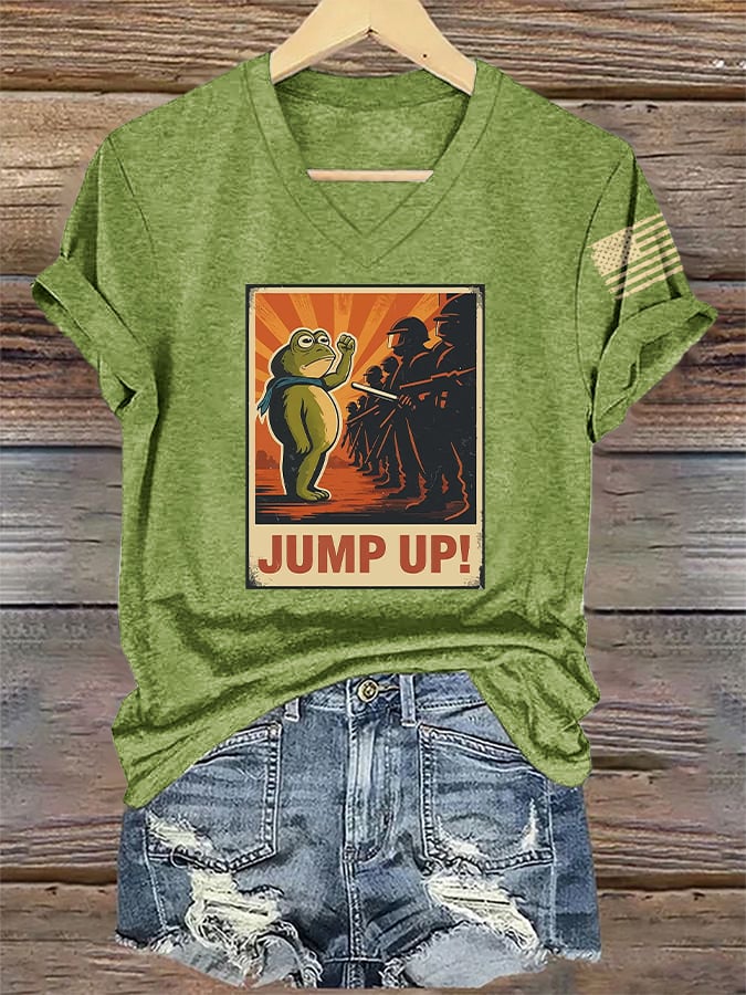V-Neck Retro  Frog  Jump Up! Print T-Shirt