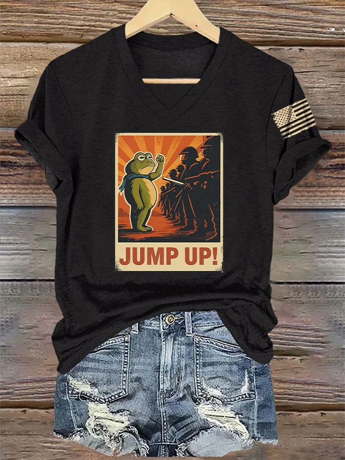 V-Neck Retro  Frog  Jump Up! Print T-Shirt