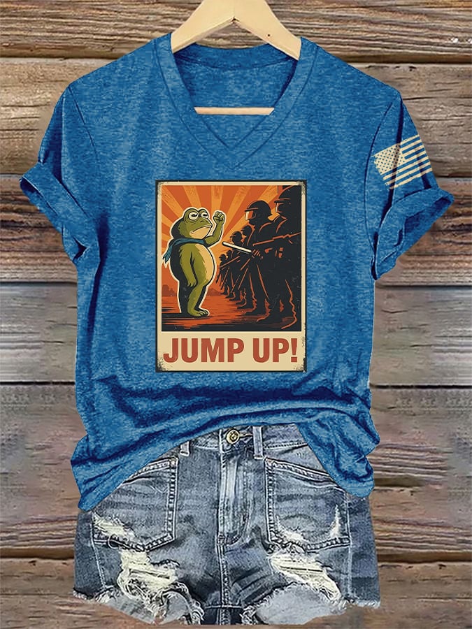 V-Neck Retro  Frog  Jump Up! Print T-Shirt
