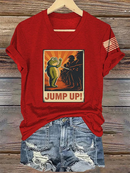 V-Neck Retro  Frog  Jump Up! Print T-Shirt