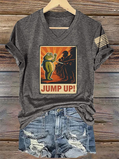 V-Neck Retro  Frog  Jump Up! Print T-Shirt
