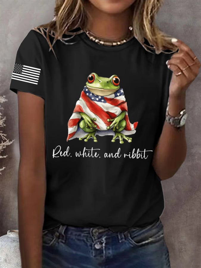 Women's Retro Red, White and Ribbit Frog FDT Print T-Shirt