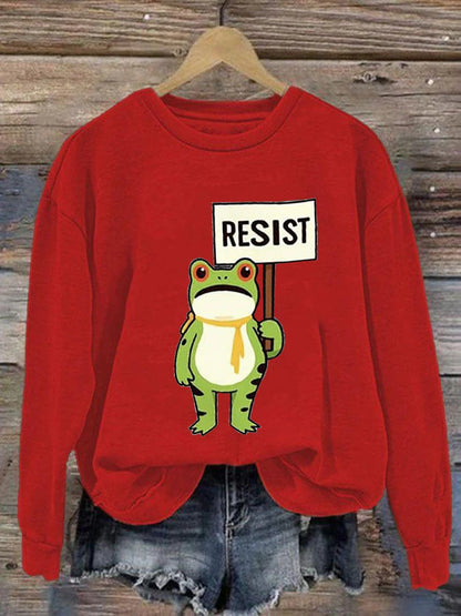 Women's Retro Resist Frog Printed Round Neck Sweatshirt