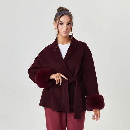 Women's Elegant Solid Color Waist Tie Fuzzy Cuff Wrap Coat, Premium Plush Long Sleeve Thermal Coat, Outerwear Jacket for Fall & Winter