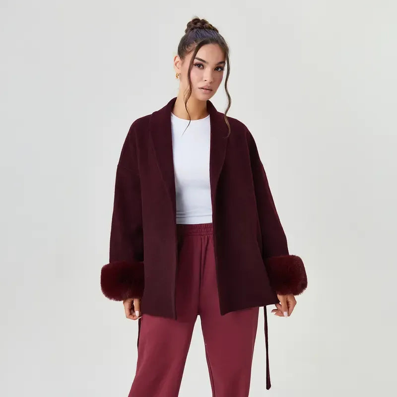 Women's Elegant Solid Color Waist Tie Fuzzy Cuff Wrap Coat, Premium Plush Long Sleeve Thermal Coat, Outerwear Jacket for Fall & Winter