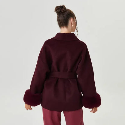 Women's Elegant Solid Color Waist Tie Fuzzy Cuff Wrap Coat, Premium Plush Long Sleeve Thermal Coat, Outerwear Jacket for Fall & Winter