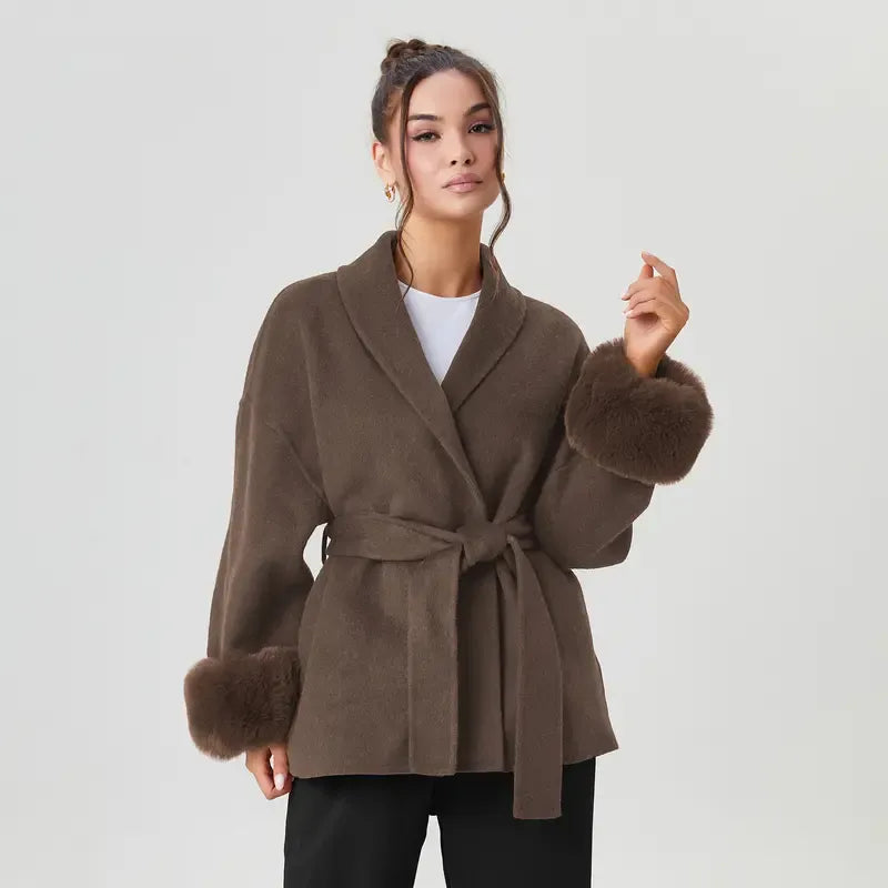 Women's Elegant Solid Color Waist Tie Fuzzy Cuff Wrap Coat, Premium Plush Long Sleeve Thermal Coat, Outerwear Jacket for Fall & Winter