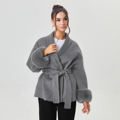 Women's Elegant Solid Color Waist Tie Fuzzy Cuff Wrap Coat, Premium Plush Long Sleeve Thermal Coat, Outerwear Jacket for Fall & Winter