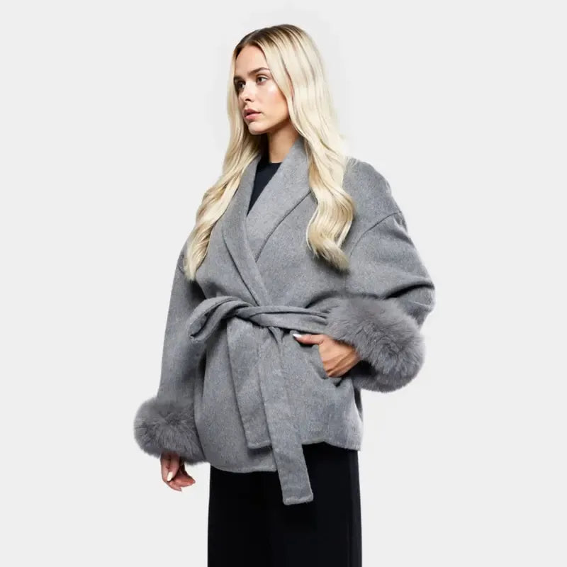 Women's Elegant Solid Color Waist Tie Fuzzy Cuff Wrap Coat, Premium Plush Long Sleeve Thermal Coat, Outerwear Jacket for Fall & Winter