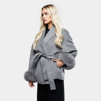 Women's Elegant Solid Color Waist Tie Fuzzy Cuff Wrap Coat, Premium Plush Long Sleeve Thermal Coat, Outerwear Jacket for Fall & Winter