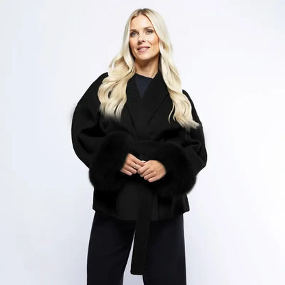 Women's Elegant Solid Color Waist Tie Fuzzy Cuff Wrap Coat, Premium Plush Long Sleeve Thermal Coat, Outerwear Jacket for Fall & Winter